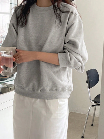 SXV Grey Solid Round Neck Drop Shoulder Plain Oversized Sweatshirt