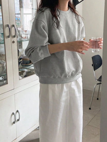 SXV Grey Solid Round Neck Drop Shoulder Plain Oversized Sweatshirt