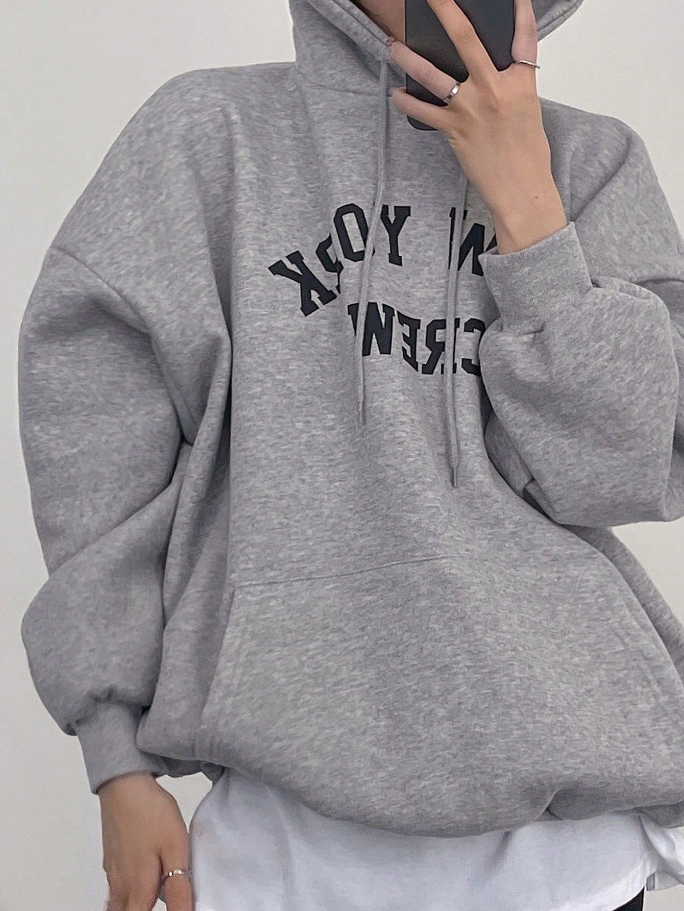 SXV Newyork crew Letter Graphic Drop Shoulder Drawstring Hoodie,Long Sleeve Tops Sweatshirt