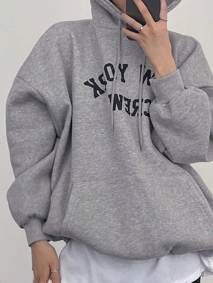 SXV Newyork crew Letter Graphic Drop Shoulder Drawstring Hoodie,Long Sleeve Tops Sweatshirt
