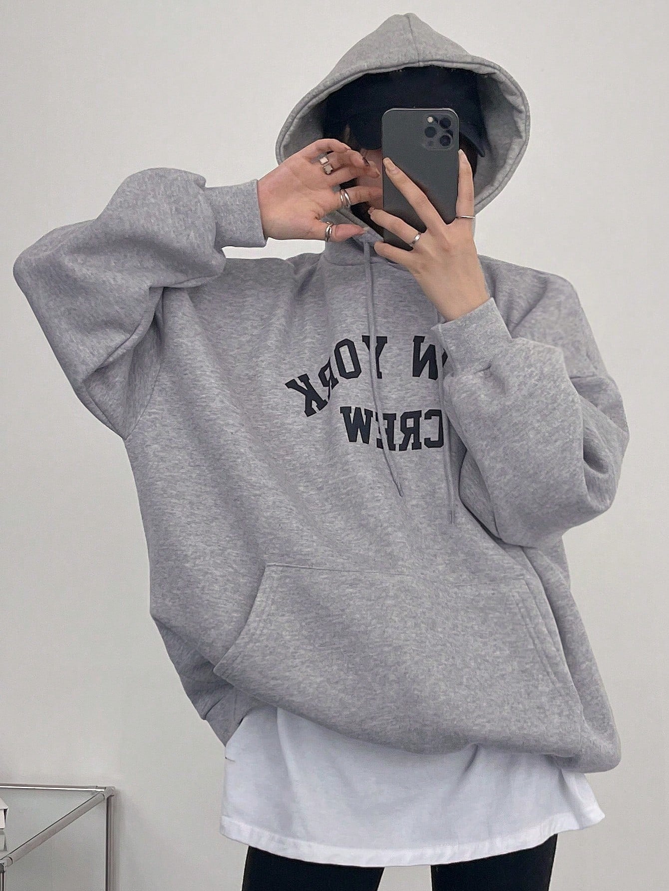 SXV Newyork crew Letter Graphic Drop Shoulder Drawstring Hoodie,Long Sleeve Tops Sweatshirt