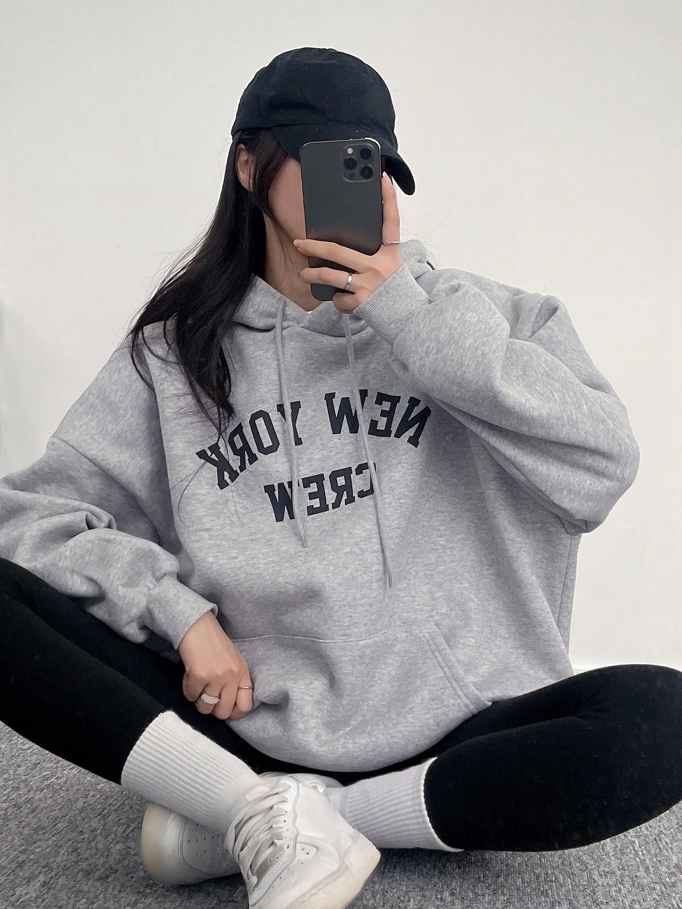 SXV Newyork crew Letter Graphic Drop Shoulder Drawstring Hoodie,Long Sleeve Tops Sweatshirt