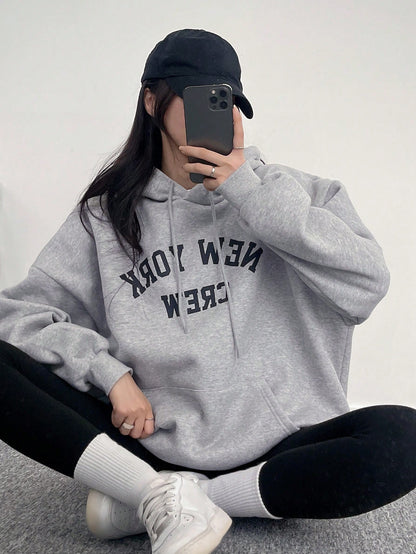 SXV Newyork crew Letter Graphic Drop Shoulder Drawstring Hoodie,Long Sleeve Tops Sweatshirt