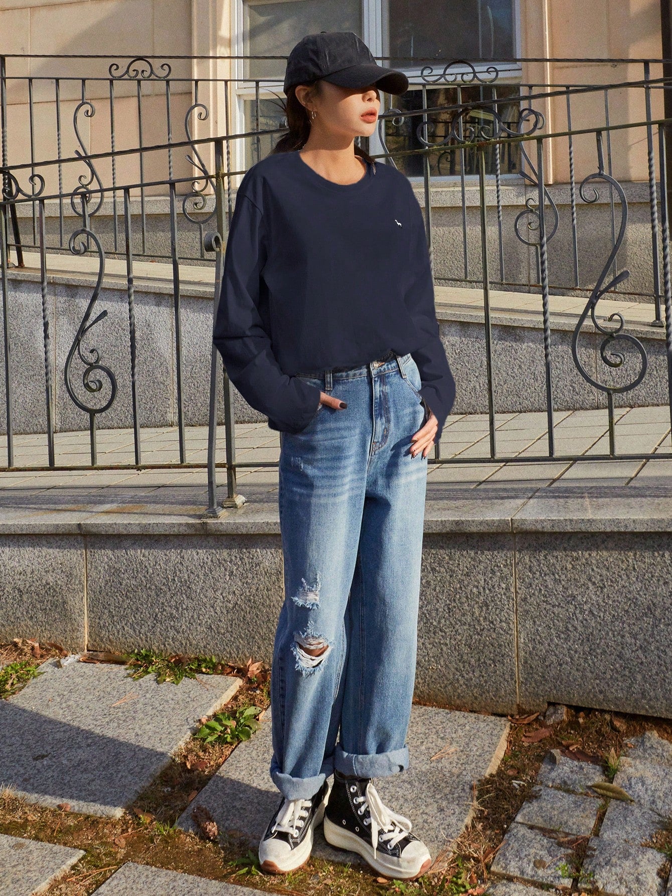 SXV Embroidered Full sleeves oversized baggy drop shoulder tshirt