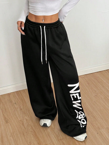 SXV Women's Casual Letter Print Straight-Leg Sweatpants, Black, Spring And Autumn