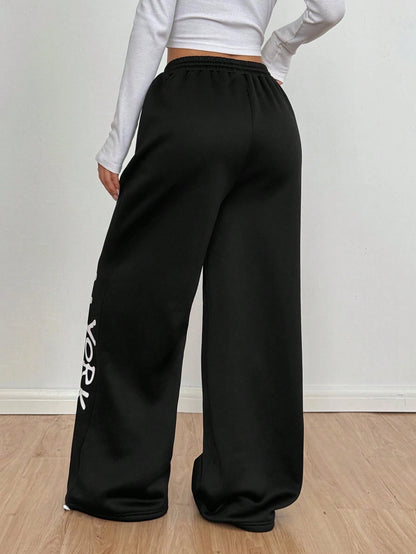 SXV Women's Casual Letter Print Straight-Leg Sweatpants, Black, Spring And Autumn