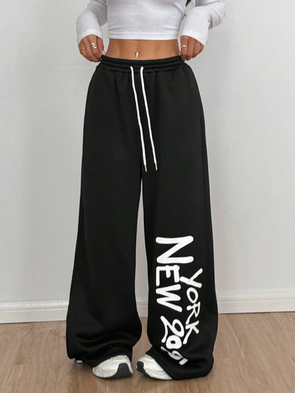SXV Women's Casual Letter Print Straight-Leg Sweatpants, Black, Spring And Autumn