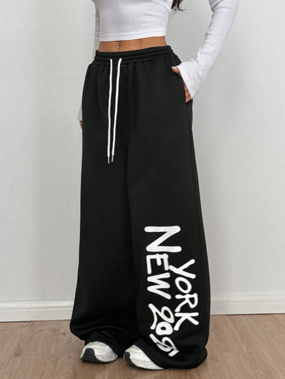 SXV Women's Casual Letter Print Straight-Leg Sweatpants, Black, Spring And Autumn