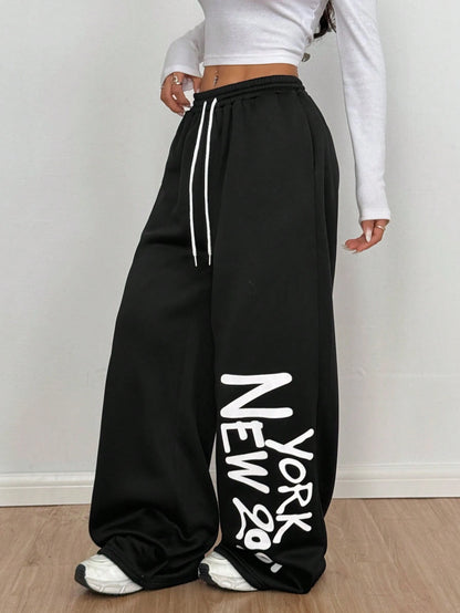 SXV Women's Casual Letter Print Straight-Leg Sweatpants, Black, Spring And Autumn