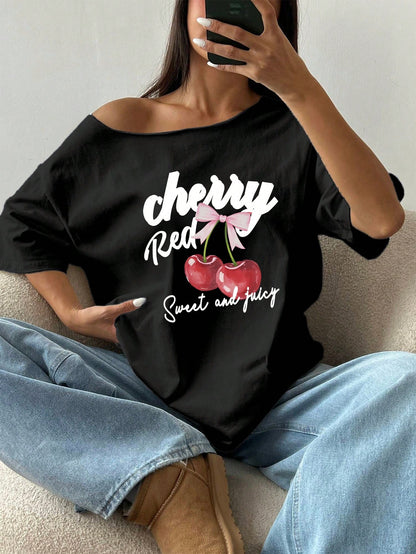 SXV Women's Loose Bowknot Asymmetrical Neck T-Shirt, Oversized Cherry Pink & White Y2K Style