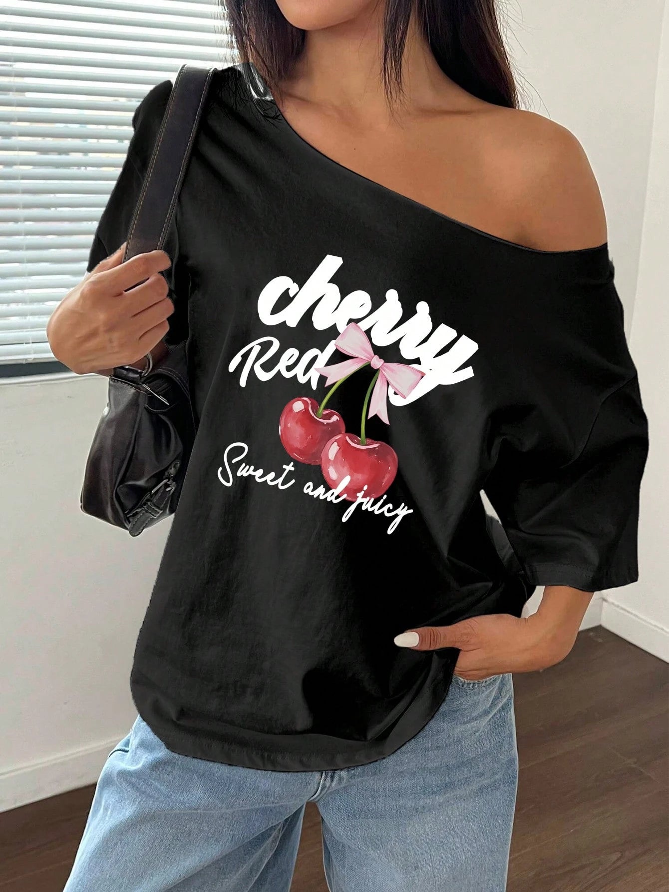 SXV Women's Loose Bowknot Asymmetrical Neck T-Shirt, Oversized Cherry Pink & White Y2K Style