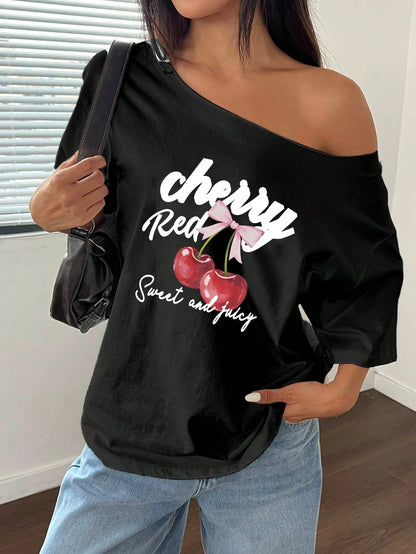 SXV Women's Loose Bowknot Asymmetrical Neck T-Shirt, Oversized Cherry Pink & White Y2K Style