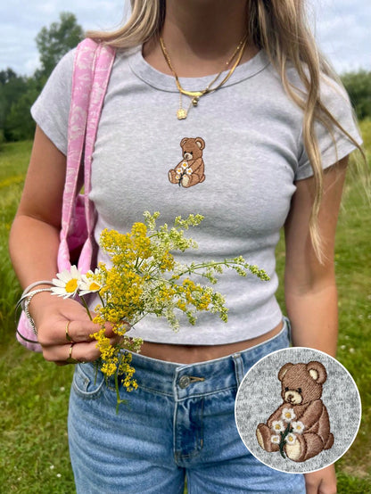 SXV grey crop tee with teddy embroidery