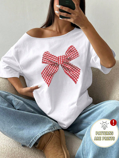 SXV Women's Loose Batwing Sleeve Asymmetrical Shoulder Bowknot Oversized T-Shirt, Pink, Summer