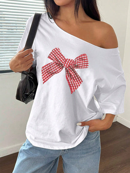 SXV Women's Loose Batwing Sleeve Asymmetrical Shoulder Bowknot Oversized T-Shirt, Pink, Summer