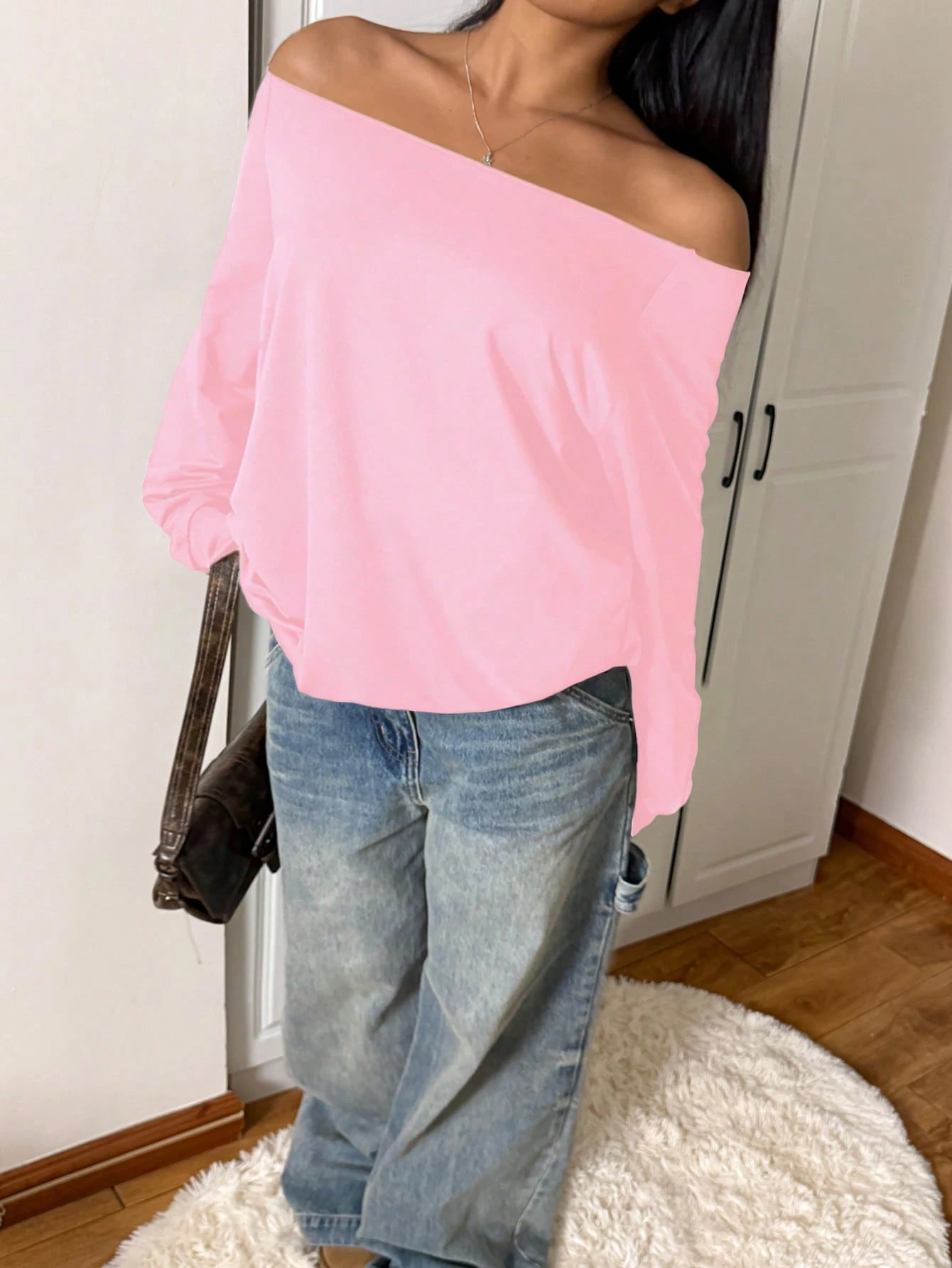 SXV Women's Autumn Open Shoulder Red Oversized Sweatshirt