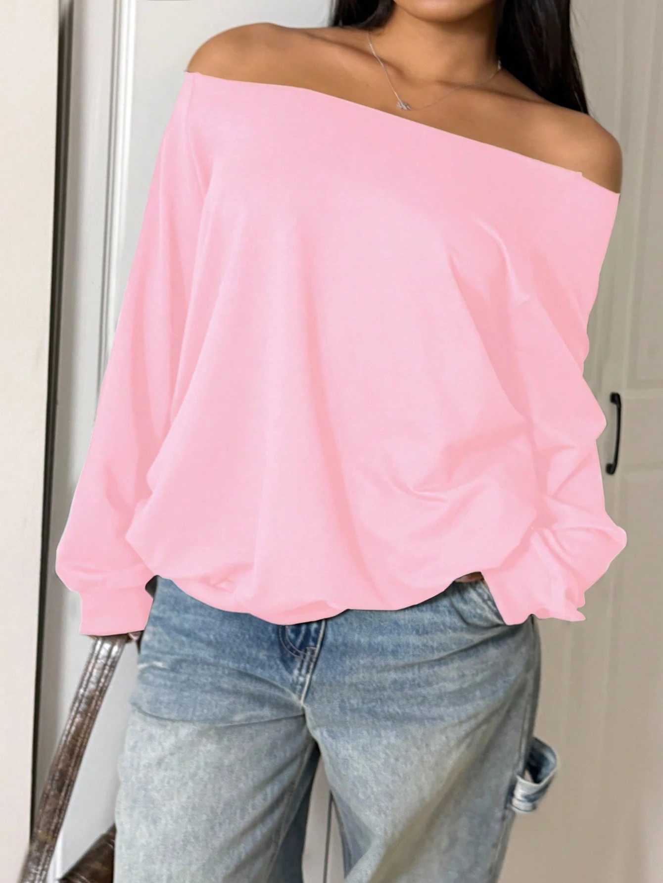 SXV Women's Autumn Open Shoulder Red Oversized Sweatshirt