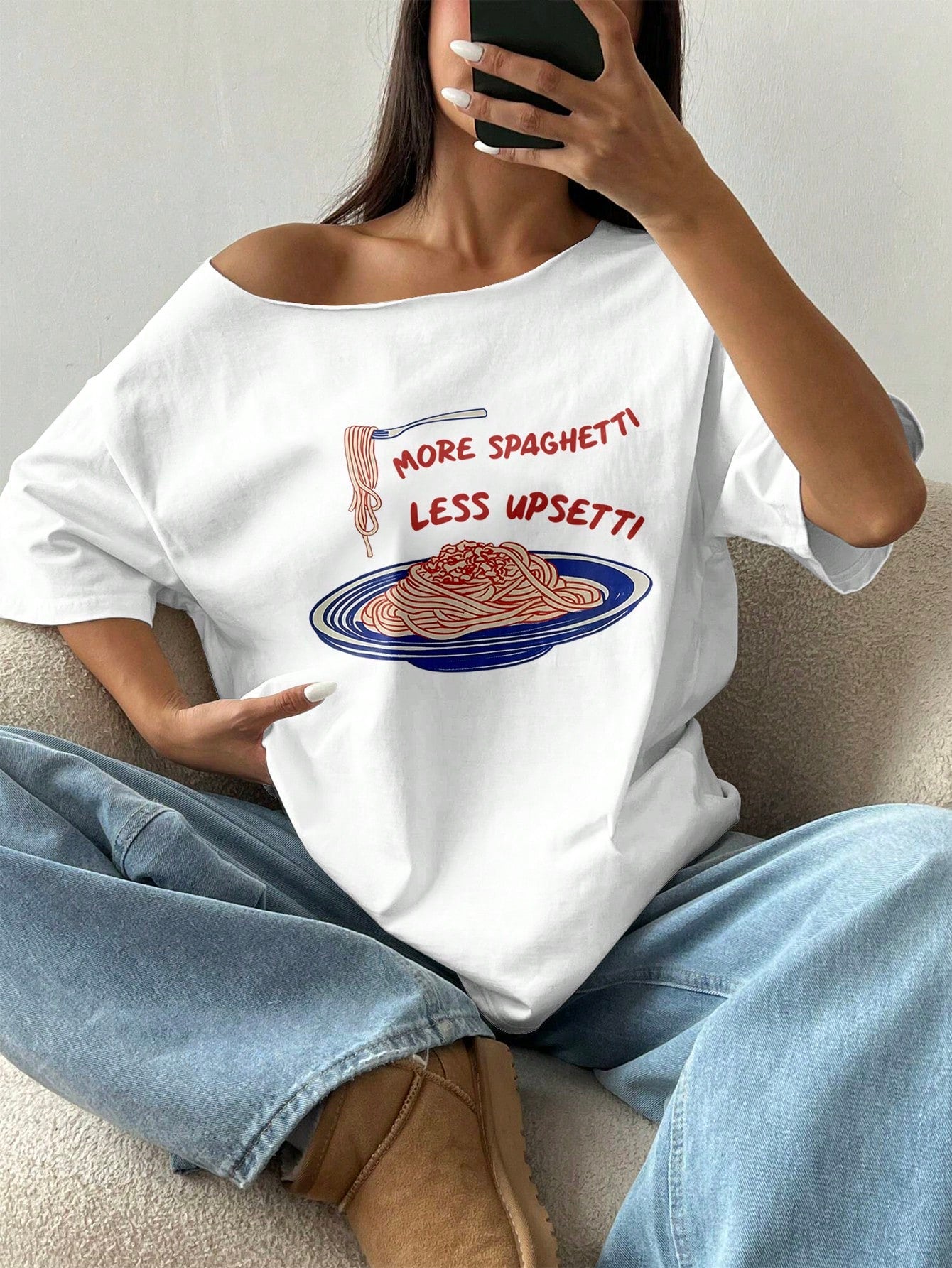 SXV Women Oversized Loose Spaghetti Straps Short Sleeve T-Shirt, More Spaghetti, Less Upsetti Graphic, White