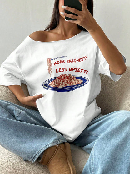 SXV Women Oversized Loose Spaghetti Straps Short Sleeve T-Shirt, More Spaghetti, Less Upsetti Graphic, White