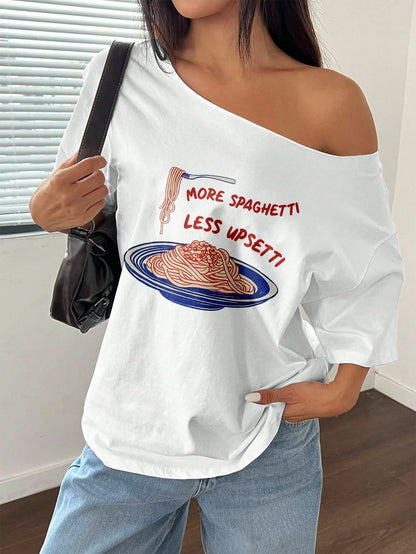 SXV Women Oversized Loose Spaghetti Straps Short Sleeve T-Shirt, More Spaghetti, Less Upsetti Graphic, White