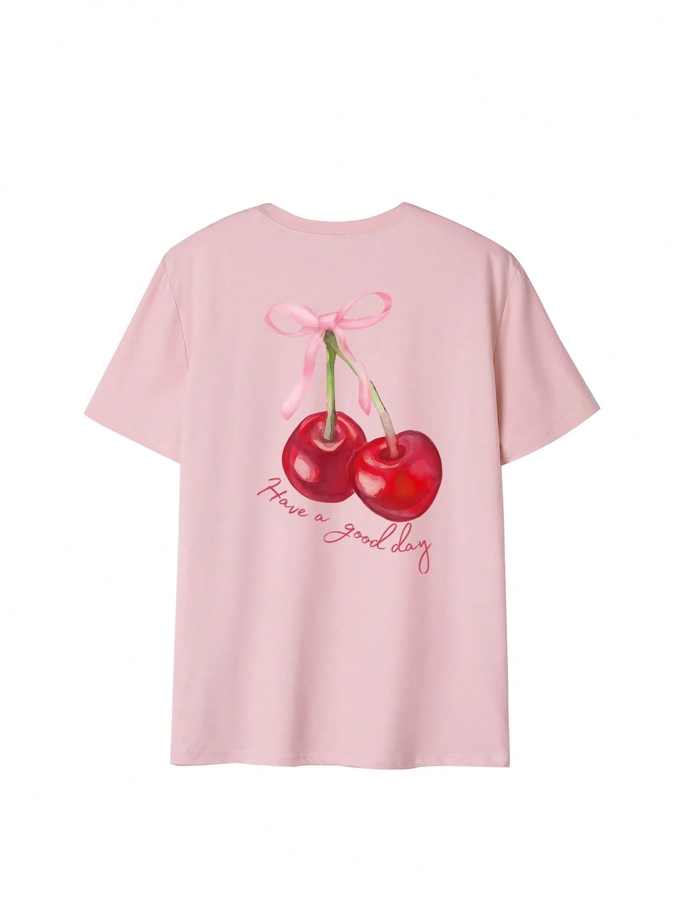 SXV cherry bow have a good day Letter Print Cheongsam Pattern Round Neck Short Sleeve T-Shirt