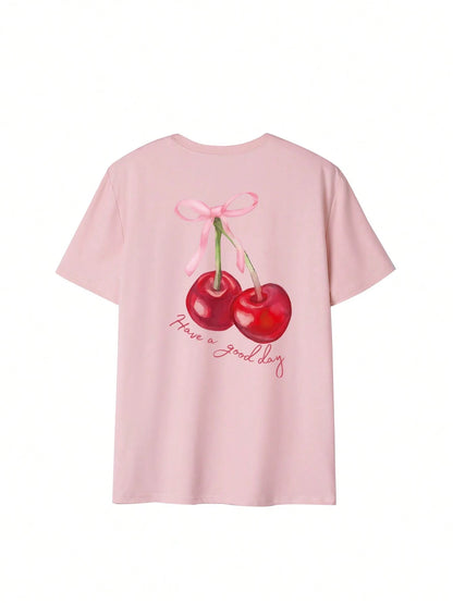 SXV cherry bow have a good day Letter Print Cheongsam Pattern Round Neck Short Sleeve T-Shirt