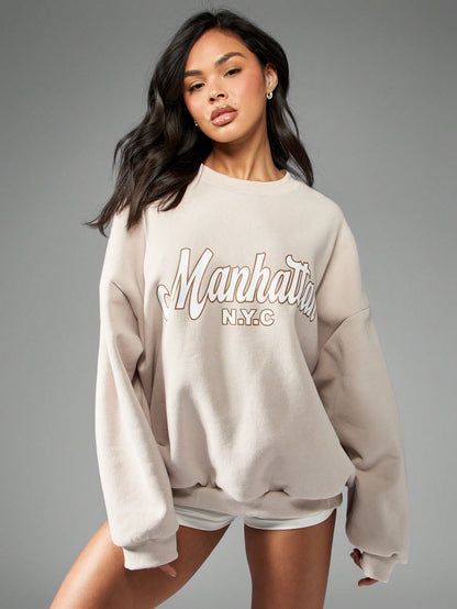 SXV Manhattan NYC Varsity Collegiate Oversized Sweatshirt Streetwear Athletic Urban Fall Winter