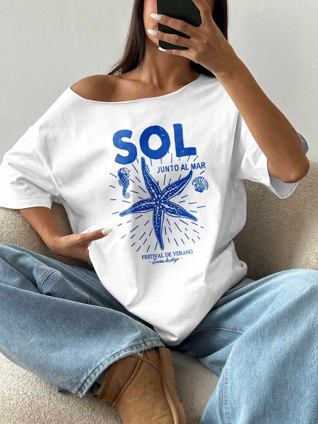 SXV SOL Women Summer Loose Asymmetrical Neck Cocktail Fruit Orange Y2K Graphic Oversized T-Shirt