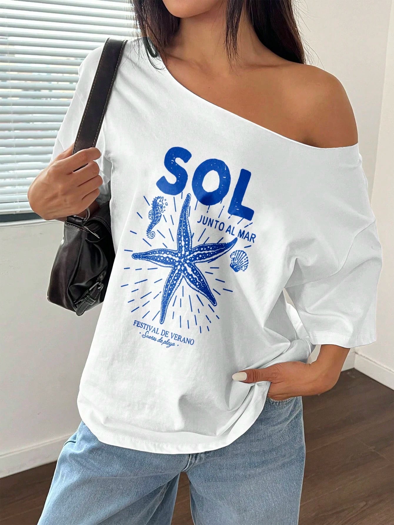 SXV SOL Women Summer Loose Asymmetrical Neck Cocktail Fruit Orange Y2K Graphic Oversized T-Shirt