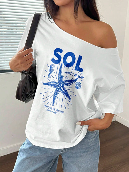 SXV SOL Women Summer Loose Asymmetrical Neck Cocktail Fruit Orange Y2K Graphic Oversized T-Shirt