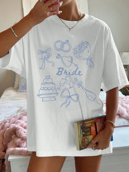 SXV Bride Text Design Casual Loose Fit Round Neck Short Sleeve T-Shirt, Bridal Party Gift, Wedding Season