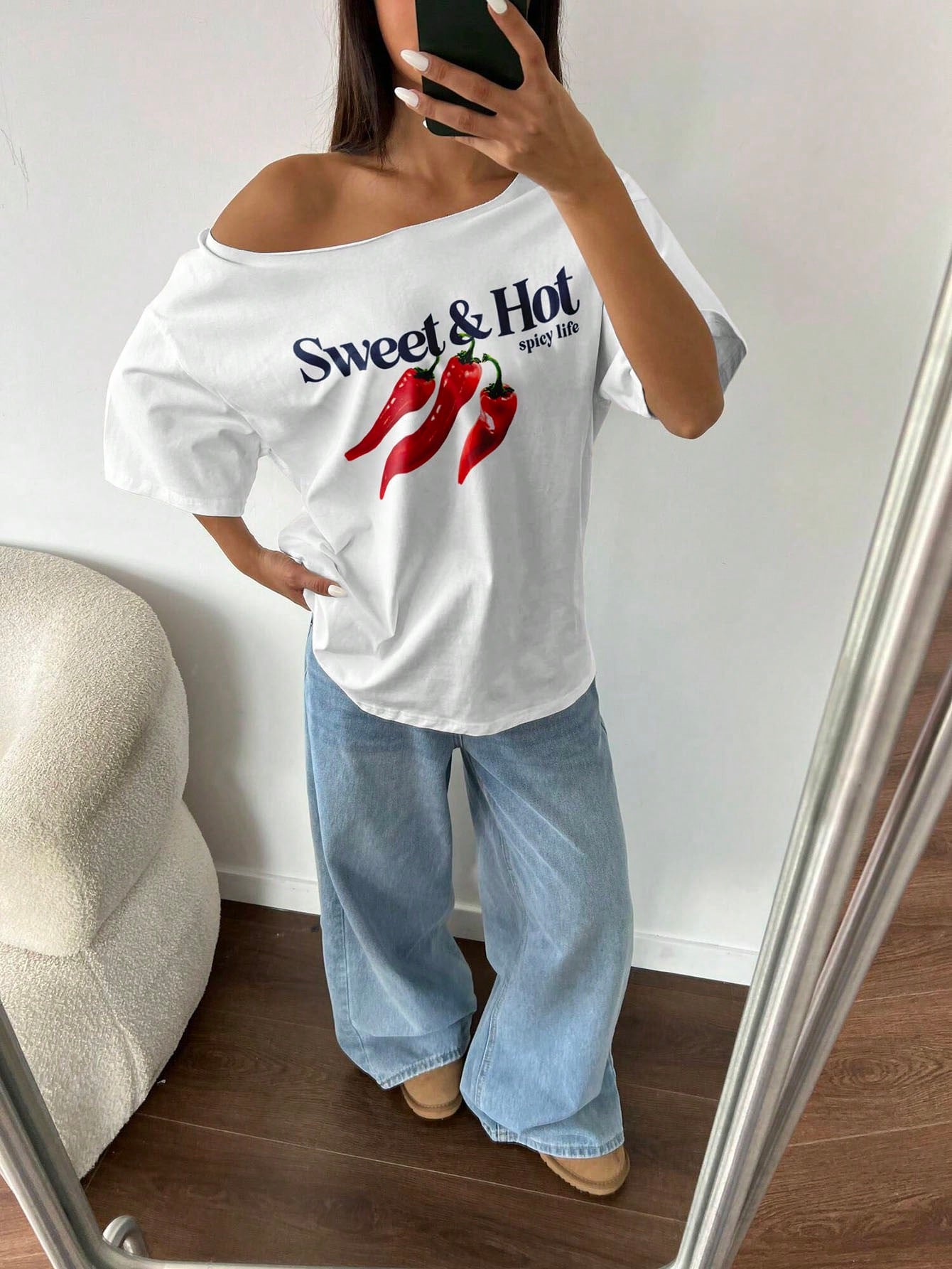 SXV Women Plus Size Loose Spicy Life Graphic Asymmetrical Neck Short Sleeve T-Shirt,Oversized