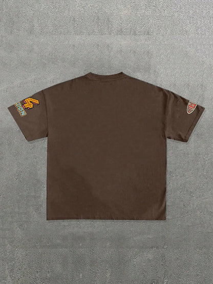 SXV Streetwear Text & Racecar Graphic Loose Fit Brown Short Sleeve T-Shirt