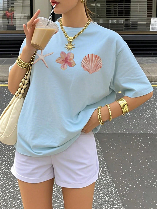 SXV Shell & Starfish Print Casual Vacation Style Baggy Tee