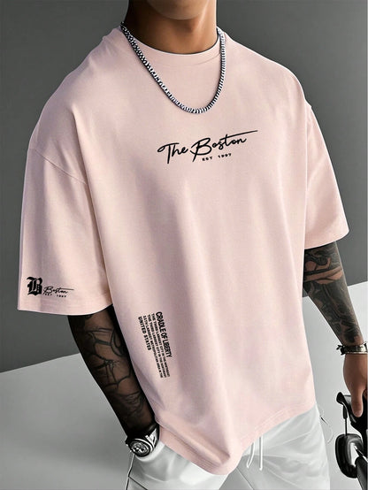 SXV The Boston Slogan Print Round Neck Short Sleeve Casual Loose Fit T-Shirt