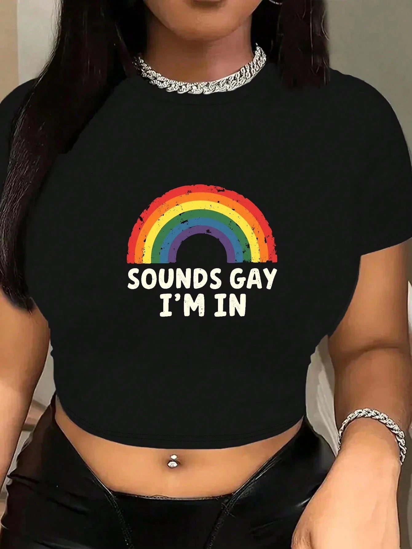 SXV LGBT Y2K Rainbow Graphic Crop T-Shirt Sounds Gay I'm In Women's Pride Tee