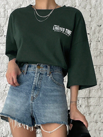 SXV LIMITED TIME Letter Graphic Drop Shoulder Tee Summer Oversized T-Shirt