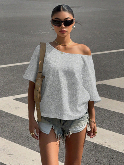 SXV Grey Knit Loose Fit One-Shoulder Short Sleeve T-Shirt For Women Off The Shoulder Top
