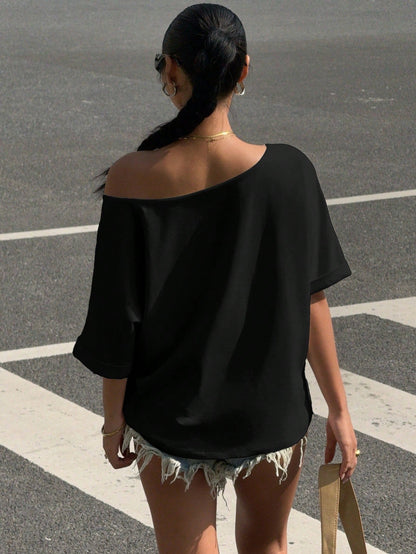 SXV Black Knitted Loose Fit Sleeveless T-Shirt For Women, Summer Off The Shoulder Top