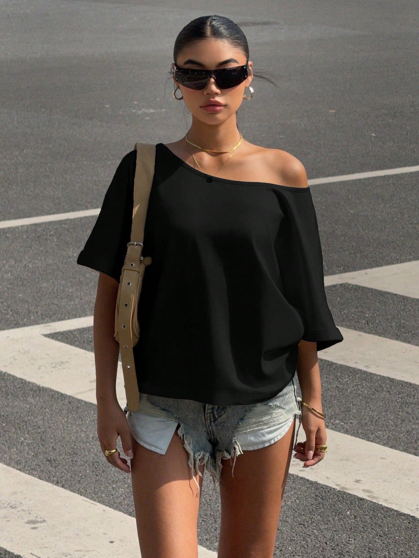 SXV Black Knitted Loose Fit Sleeveless T-Shirt For Women, Summer Off The Shoulder Top