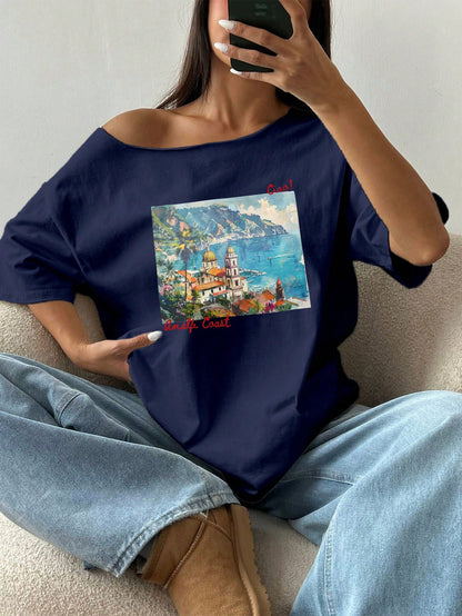 SXV Women's Loose Asymmetrical Shoulder Landscape Cityscape Oversized T-Shirt