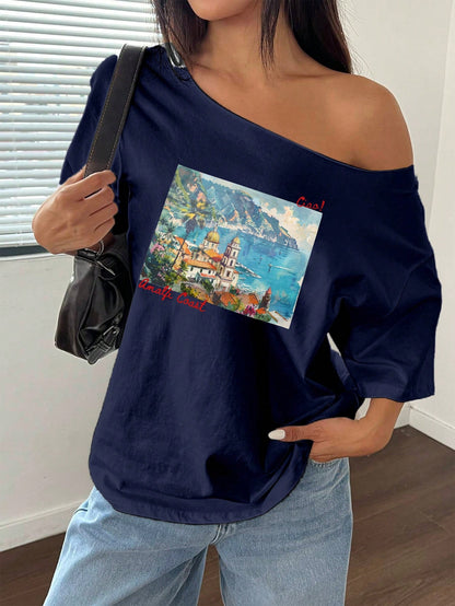 SXV Women's Loose Asymmetrical Shoulder Landscape Cityscape Oversized T-Shirt