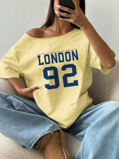 SXV Oversized Off-Shoulder Loose London 92 Print Oblique Shoulder T-Shirt Graphic Tees