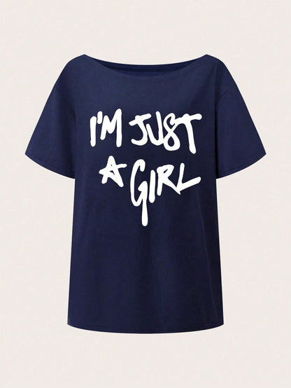 SXV Girly Off-Shoulder T-Shirt, Slogan Print Top, For Summer