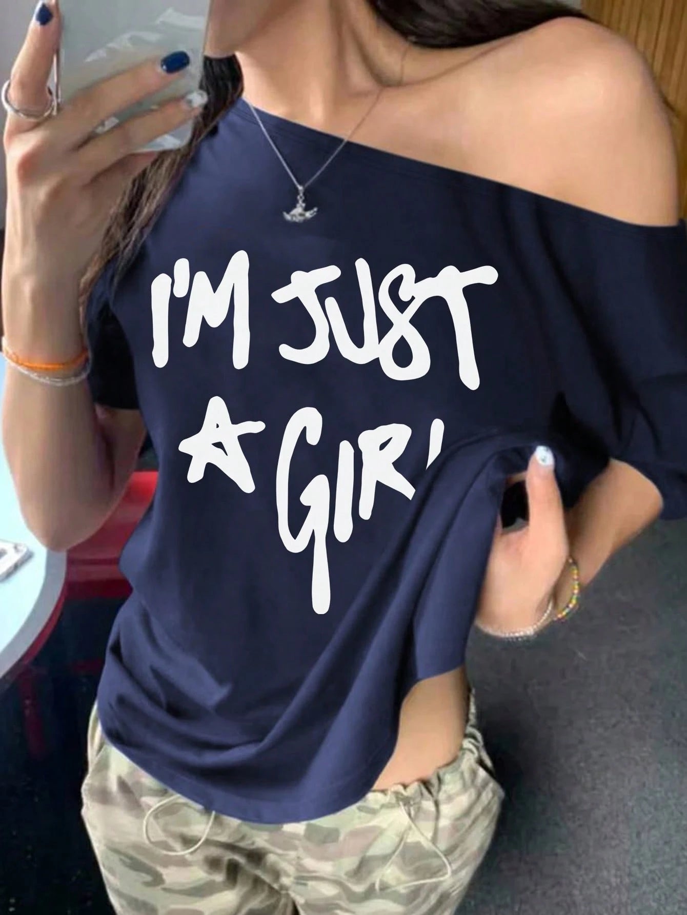 SXV Girly Off-Shoulder T-Shirt, Slogan Print Top, For Summer
