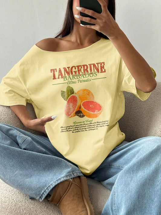 SXV Women's Loose Fit Fruit Orange Y2K Print Short Sleeve Oversized T-Shirt