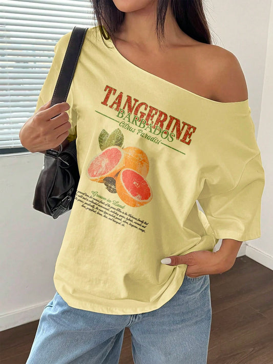 SXV Women's Loose Fit Fruit Orange Y2K Print Short Sleeve Oversized T-Shirt