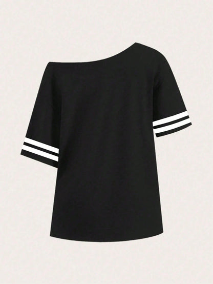 SXV American Sports Style Black And White Color Matching Slant Shoulder New York English Plus Numbers Rugby Women's T-Shirt