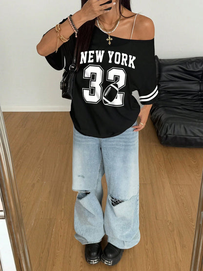 SXV American Sports Style Black And White Color Matching Slant Shoulder New York English Plus Numbers Rugby Women's T-Shirt