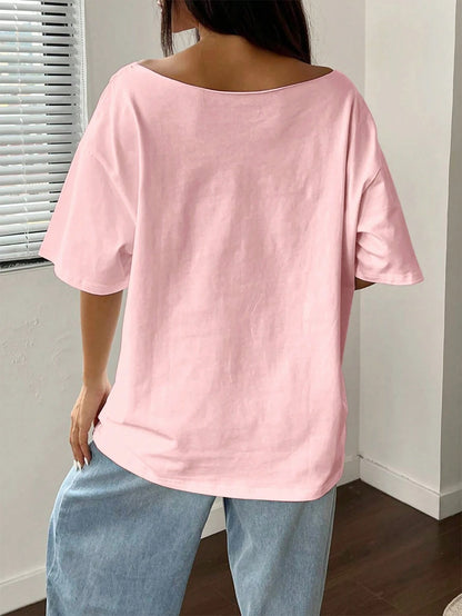 SXV Asymmetrical Neck Bowknot Asymmetrical Loose T-Shirt, Fashionable For Summer